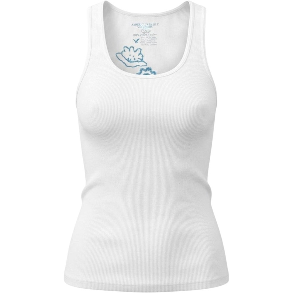 American Eagle White Ribbed Tank Top Floral Back Embroidery Lettuce Hem Small